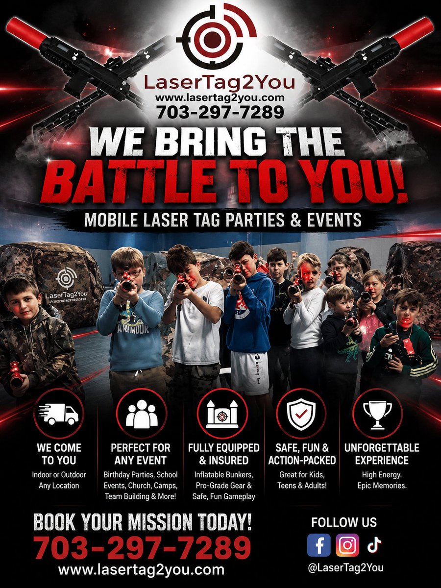LaserTag2You's tweet photo. 🎯 Mobile Laser Tag Birthday Parties in Northern Virginia! 🎉
📞 703-297-7289
🌐 https://t.co/rhh5E3dO4h https://t.co/qlISC6VGFd