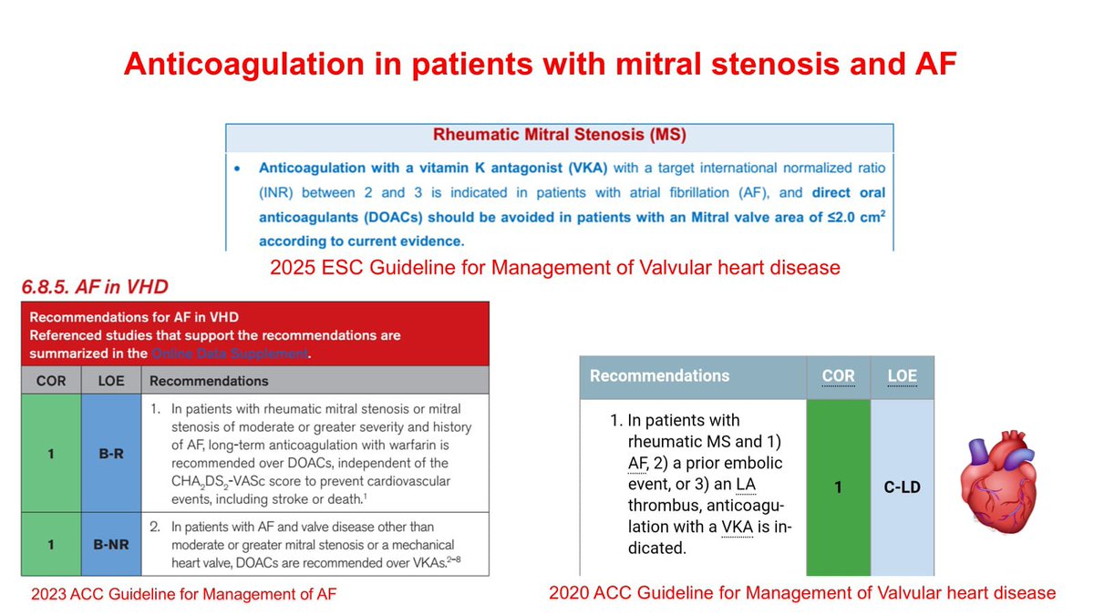 drahmedmohsen85's tweet photo. 🫀⚠️ AF + Mitral Stenosis: Don't confuse 1.5 and 2 cm²!

✅AF+ Rheumatic MS→ Warfarin regardless of MVA or CHA₂DS₂-VA.

✅AF+ Moderate or severe Non-rheumatic MS (MVA ≤2 cm² )→ Warfarin.
🚫 DOACs should not be used when MVA ≤2 cm².

References in the first comment https://t.co/puUdOa2hJp