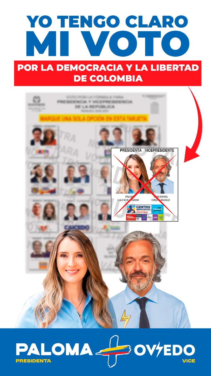 roquearismendy's tweet photo. Yo tengo claro MI VOTO: por la democracia y la libertad de Colombia ↔️ #PALOMA &amp; #OVIEDO. 🇨🇴 https://t.co/5XnaAKJDCl