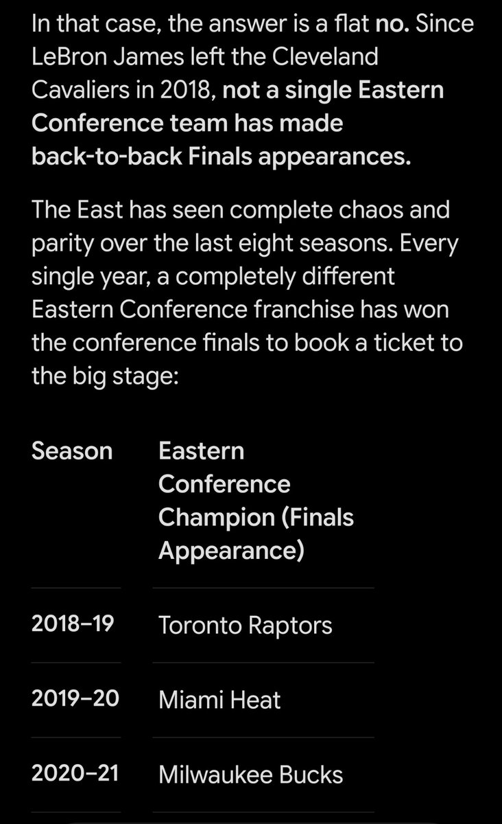 daaaaaaarrr's tweet photo. @FledglinPhoenix @Itata_9 @lakerprofit11 @WarriorsMuse @ATME10_ Then why'd no other East team have 8 consecutive or even back to back finals appearances ever since Bron left? It's a cake walk, right? https://t.co/de7SQrh5Dv