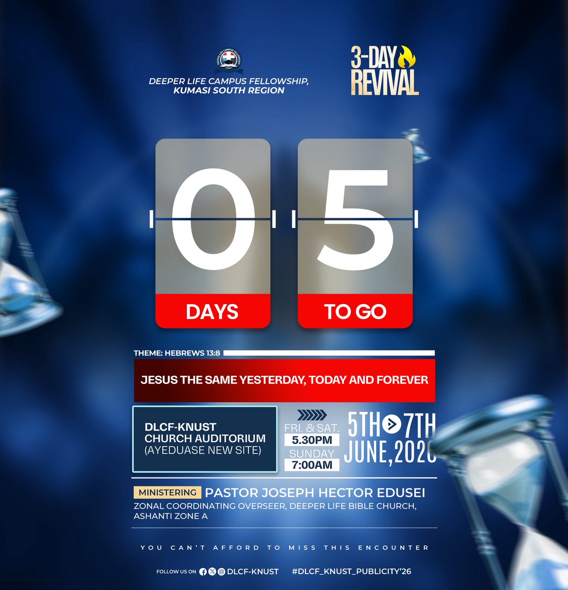 DlcfKnust's tweet photo. 🔥5 DAYS TO GO🔥

Something powerful is coming!

3 days of revival.
3 days of transformation.
3 days of deeper encounters with God.

Get ready for a life-changing encounter.

📍 DLCF-KNUST Church Auditorium
📅 5th–7th June

#3dayrevival #kumasisouth #jesuschrist #revivalfire https://t.co/hQKkCLffAt