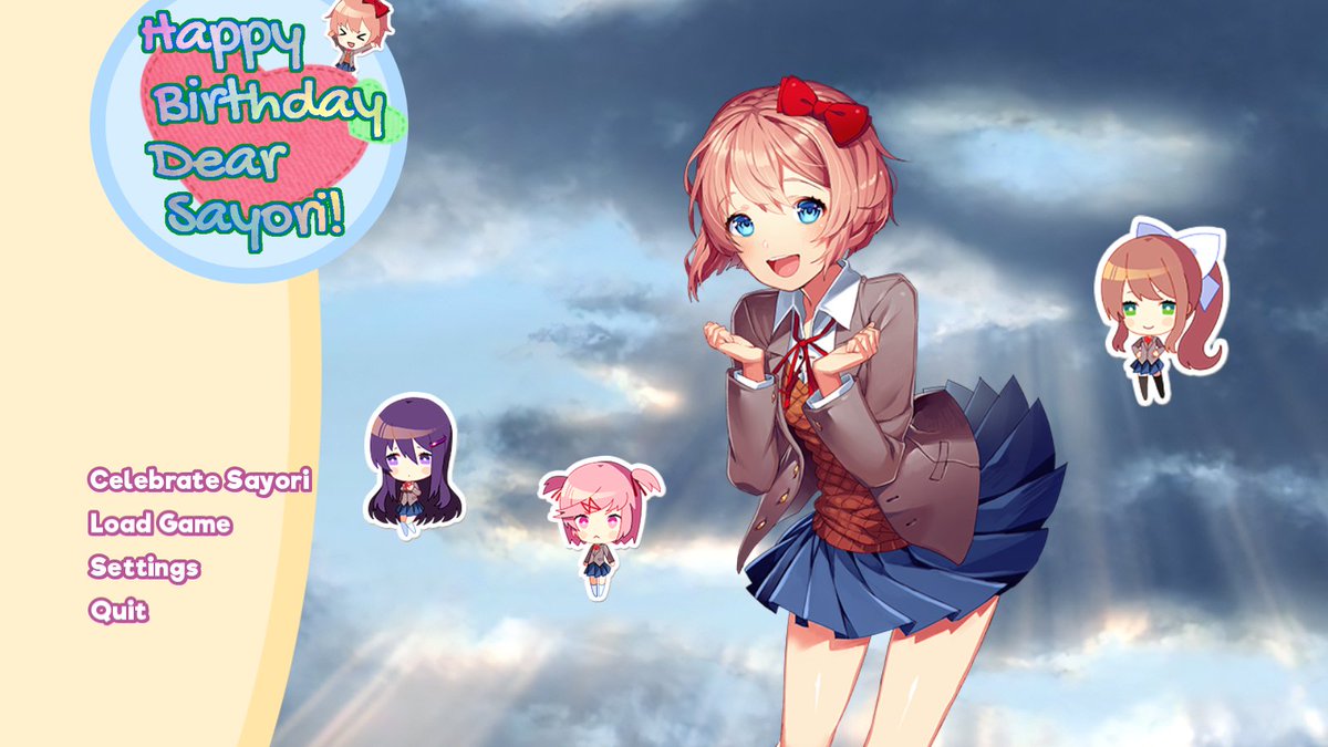 usajou's tweet photo. I am releasing the English version of “Happy Birthday Dear Sayori!,” a DDLC mod celebrating Sayori's birthday. The English translation was provided by NightmareNinja from Team Traitor Studios. 
#DDLC #ddlcsayori #DokiDokiLiteratureClub 
https://t.co/ofpZ6LU03F https://t.co/hA60Ysfu24