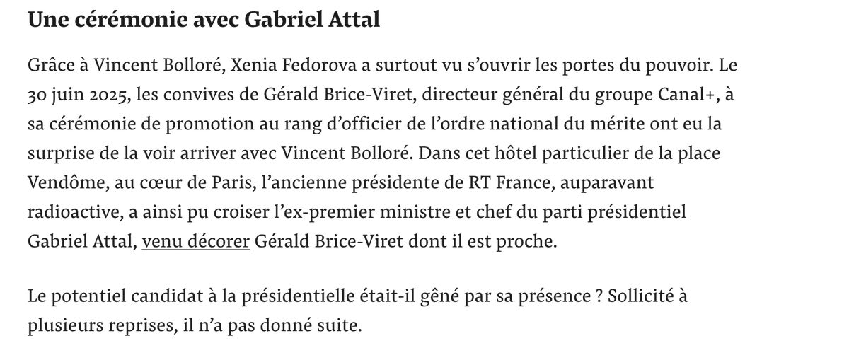 Alexlevrier's tweet photo. On savait que, le 30 juin 2025, @GabrielAttal avait décoré @gbviret. @Mediapart révèle aujourd'hui que @xfedorova était présente à cette cérémonie. L'ambiguïté de la macronie vis-à-vis de Bolloré revient à donner un blanc-seing à la propagande du Kremlin.
https://t.co/iMboknikBB https://t.co/IStQUFHtDI
