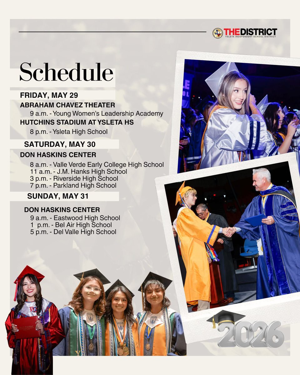 DVHSYISD's tweet photo. Are you attending the 37th Commencement tomorrow? Know before you go! #ClassOf2026 #OFOD #ItsWhatWeDo #WeAreOne #NeverSettleAlwaysConquer #THEDISTRICT #ExcellenceByDesign @ysletaisd @VHairston_DVHS https://t.co/u6iypDfGoa