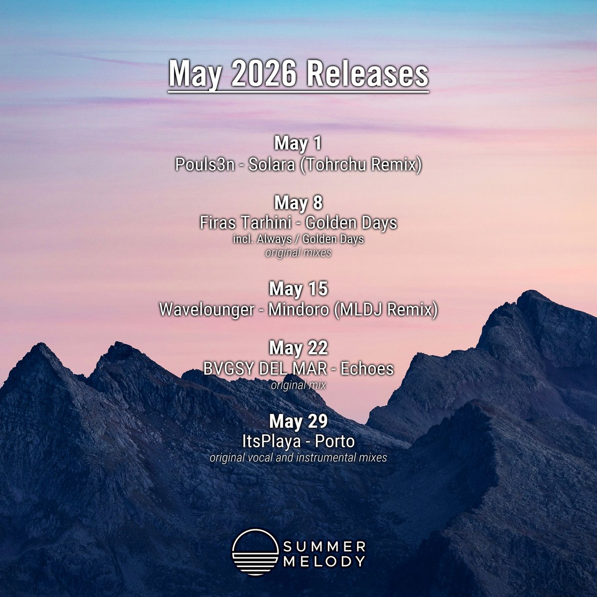 SummerMelodyRec's tweet photo. End of May is here, so is this month's releases recap!
May 2026 Releases Recap
incl. #Pouls3n @Tohrchu #FirasTarhini #Wavelounger @MLDJ_cat @BVGSY_DM and @ItsPlayaMusic! https://t.co/LkA8FoffbM