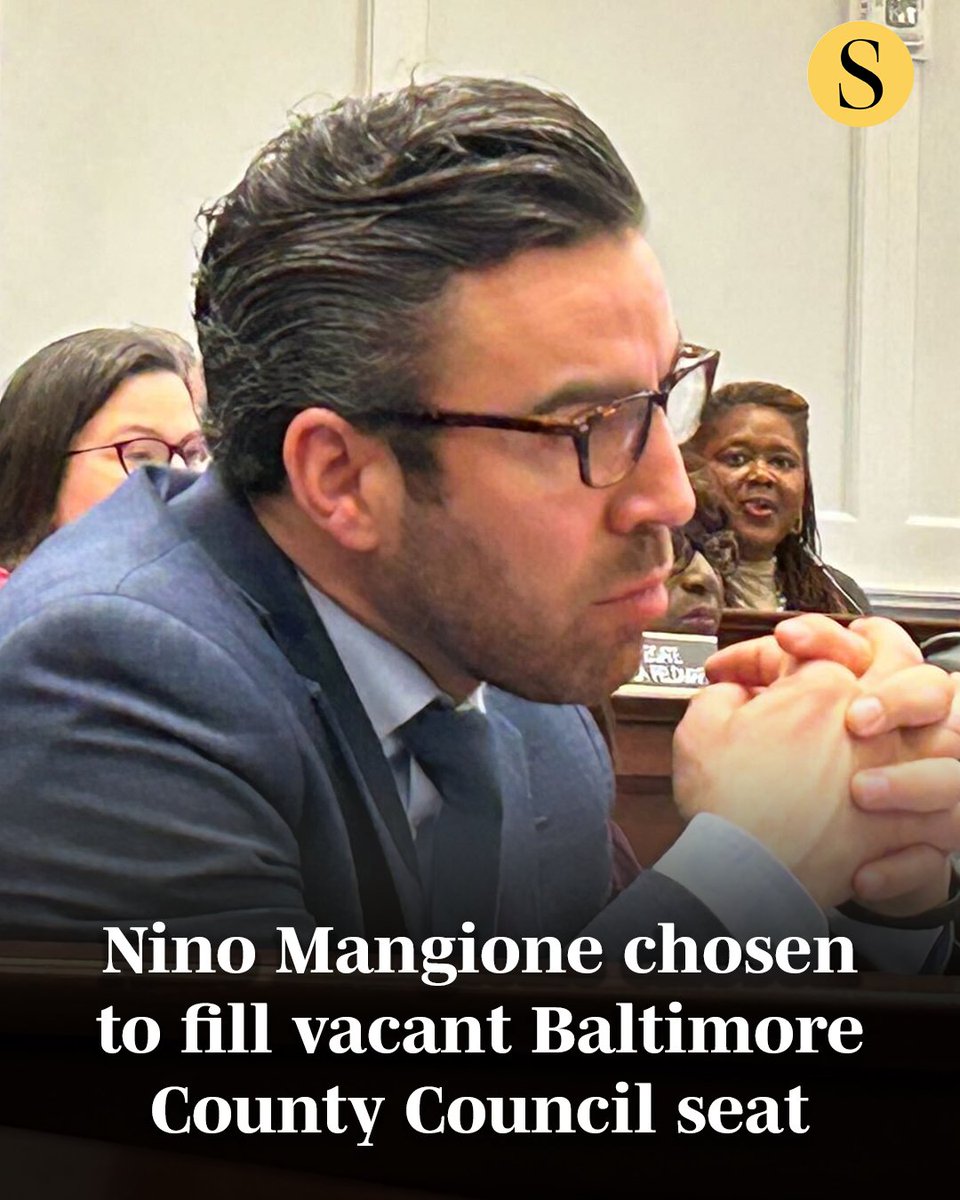 baltimoresun's tweet photo. State Del. Nino Mangione was selected Saturday by the Baltimore County Republican Central Committee to fill the vacant District 3 seat on the Baltimore County Council, succeeding longtime Republican Councilman Wade Kach, who resigned earlier this month because of health issues.

Mangione, a MAGA Republican, emerged from a field of seven candidates seeking the appointment. The committee held a public hearing Saturday at the Holiday Inn Timonium before voting on a nominee to complete the remainder of Kach’s term, which expires in December.

Read more: https://t.co/n0klWeRpyW