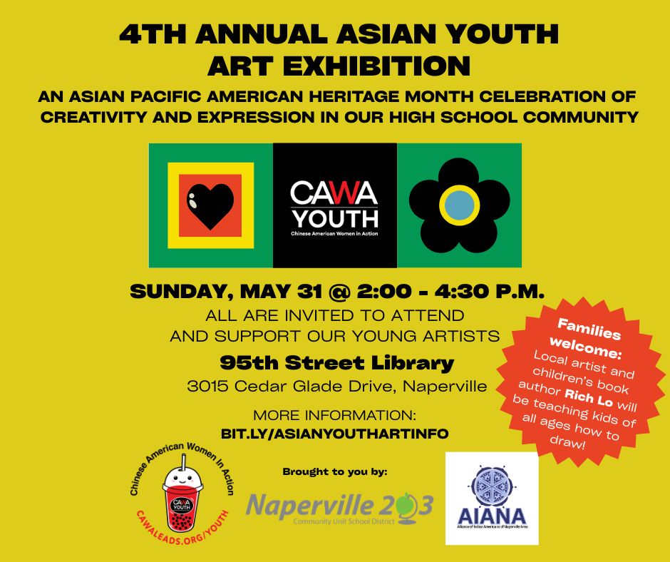 EquityIn203's tweet photo. Naperville 203 is cosponsoring the 4th Annual Asian Youth Art Exhibit TODAY @ 2pm at the 95th St. Library. All are invited to attend. There will also be a drawing workshop led by local children’s book author and illustrator Rich Lo. RSVP here: https://t.co/rSRjsqmMPx https://t.co/OvB5VAUODM
