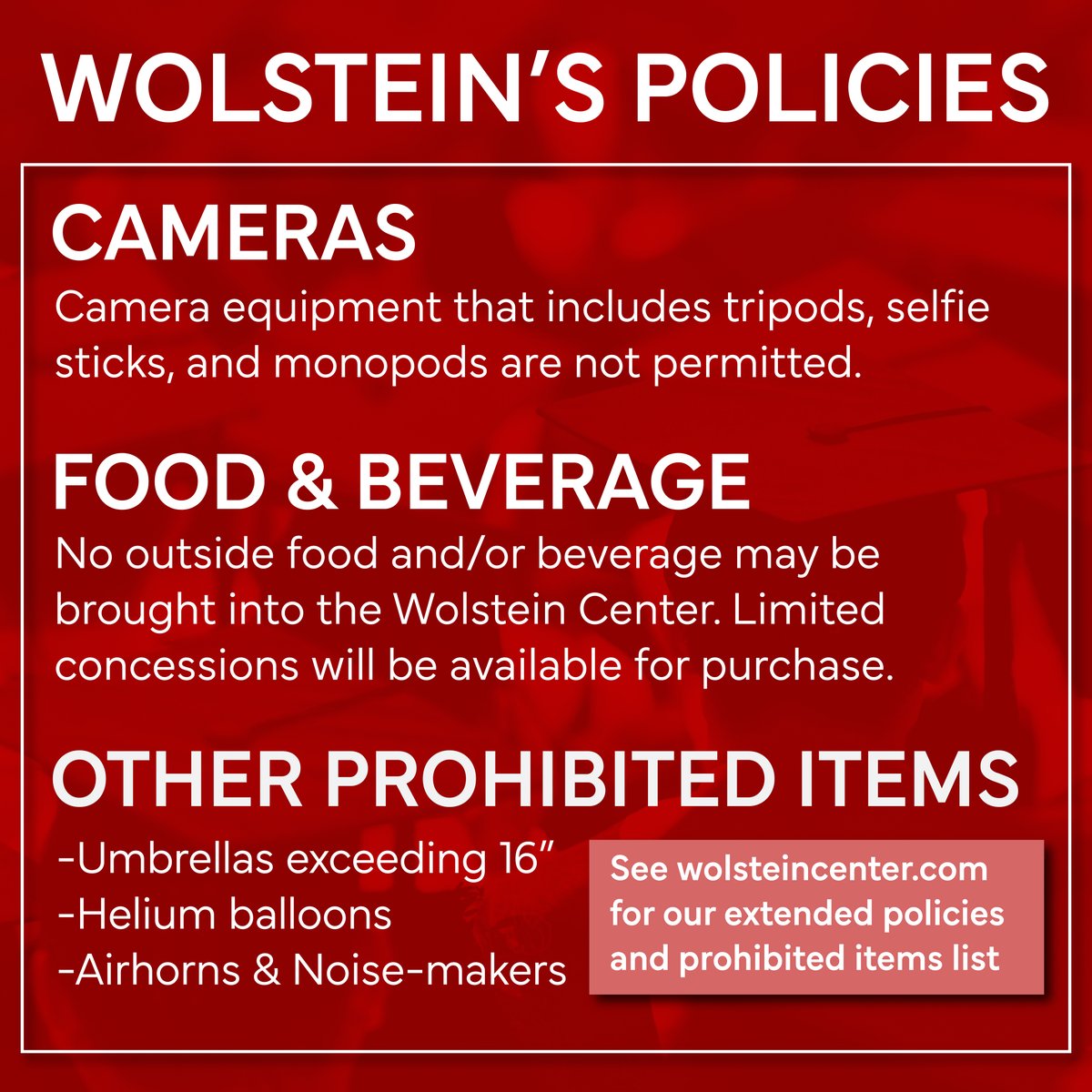 wolsteincenter's tweet photo. Attention Mentor Graduates and Guests! See the information above for everything you need to know when coming to the Wolstein Center this afternoon. Visit https://t.co/McLKhYb26A for more information on our bag policy and prohibited items. Congrats Graduates ❤️ https://t.co/ELSIQWCRLW