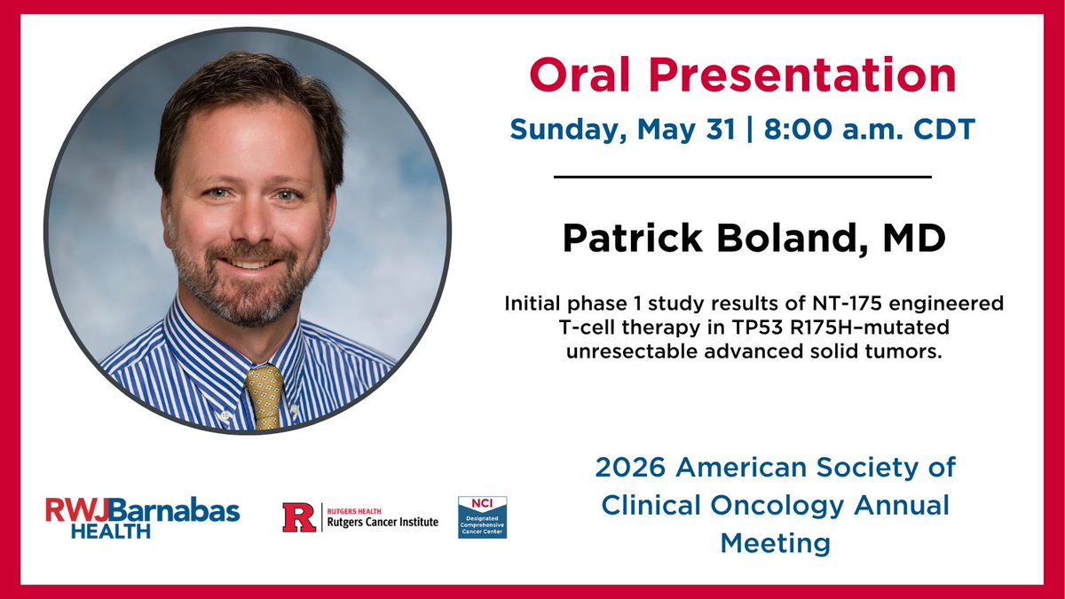 RutgersCancer's tweet photo. .@RutgersCancer @RWJBarnabas Dr. Patrick Boland @PMBolandMD presents “Initial phase 1 study results of NT-175 engineered T-cell therapy in TP53 R175H–mutated unresectable advanced solid tumors.” at #ASCO26. 
https://t.co/YaZUuxIknV

@ASCO https://t.co/J9LjWXvDyS