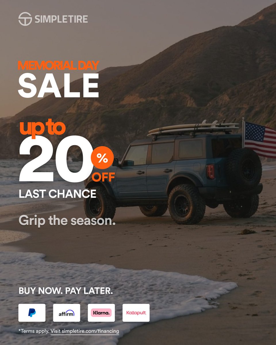 SimpleTire's tweet photo. Summer road trips are calling, be sure your rig is actually ready! ☀️🏖️ We are wrapping up our #MemorialDay sale, which means your chance to score up to 20% off on select tires is almost over! Tap our link below to shop the lineup & secure the deal before it ends! 🛞
.
.
🔗: https://t.co/11J6UJH4yP