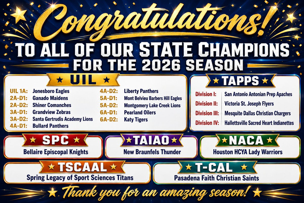 TXPrepSoftball's tweet photo. Congratulations to all of our state champions for the 2026 season. Thanks to @TeamLSCSN for posting all of the private/charter/home school champions. 
@NFCAorg @uiltexas @TAPPSSoftball @spcsports https://t.co/ATlhtzrfCQ