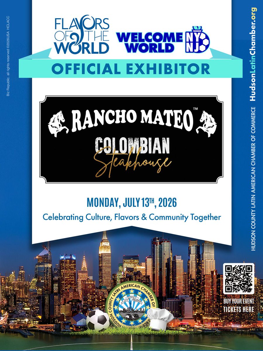 HudsonLatin's tweet photo. #TasteTheWorld | @HudsonLatin (HCLACC) welcomes Rancho Mateo Colombian Steakhouse as an Official Exhibitor at #FlavorsOfTheWorld 2026. Right before the @FIFAWorldCup 2026™ semifinals begin and ahead of the landmark Final in #NYNJ, join a celebration... https://t.co/gO29tcXSC4 https://t.co/2y4hSnZOUD