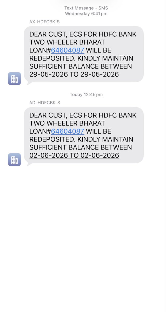 syedaskarialir1's tweet photo. @HDFC_Bank  I’ve never opted for a two wheeler loan from you. I’m getting messages since start of this month regarding pending EMI. Please investigate as it appears to be a scam/fraud. 
Thank you. https://t.co/ZeLMrNyQln