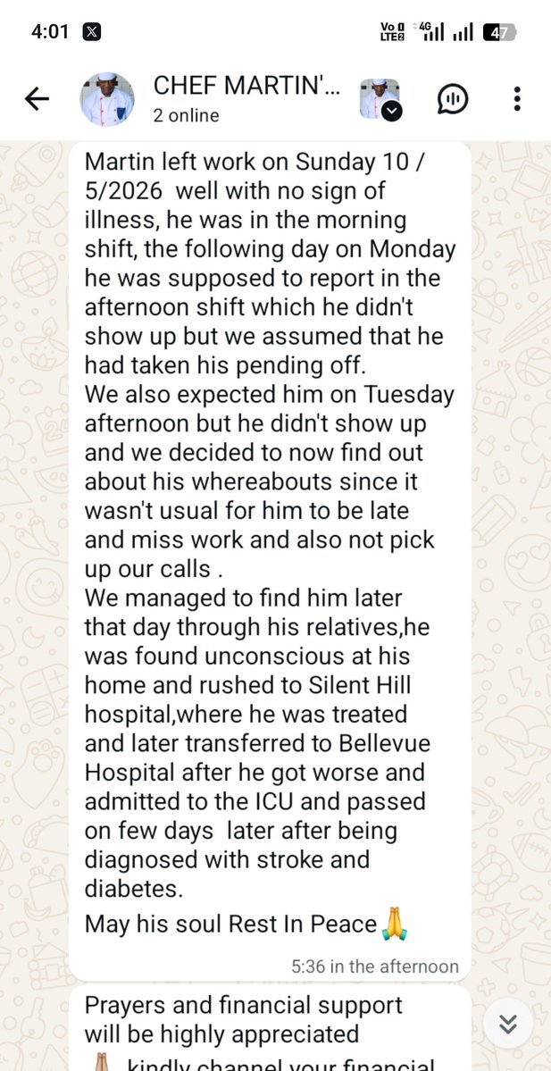 jumaf3's tweet photo. I never ask for help but I want you to help this family. Chef Martin has served me at Transit Hotel for years. Last week, left work, went home,  got a stroke, got admitted, landed in ICU, and died. Just like that in a span of a few days. Bill now at Ksh 1.5 million got those few days. The family is devastated and needs help. Anything, even Ksh 50, send it to 0707665395 (Georgina). Assnted