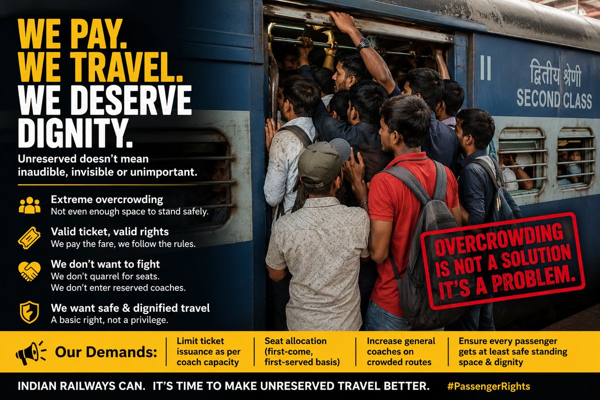 dearly_durga's tweet photo. Dear @RailMinIndia, why are unreserved passengers forced to travel in extremely overcrowded coaches despite purchasing valid tickets? Can Railways review capacity limits, ticket issuance, and seat allocation reforms for unreserved travel? #IndianRailways #PassengerRights https://t.co/BTxWEq1tiN