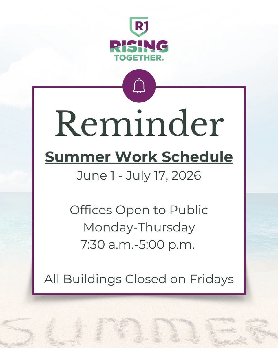 RichlandOne's tweet photo. 📣 Richland One schools and administrative offices will be open Monday-Thursday from 7:30 AM to 5 PM. All buildings will be closed on Fridays. Regular schedules resume July 20, 2026. #RisingTogether 📅 https://t.co/2EQM8O08ui