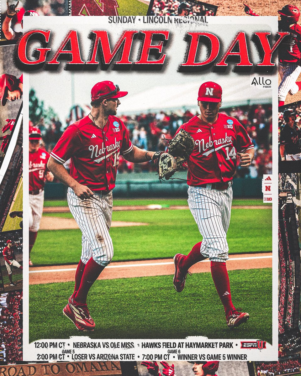 HuskerBaseball's tweet photo. Regional Sunday. 

🆚: Ole Miss 
📍: Haymarket Park
⌚️: 12:00pm CT
📺: ESPNU
📻: @HuskersRadio https://t.co/211nWAZikY