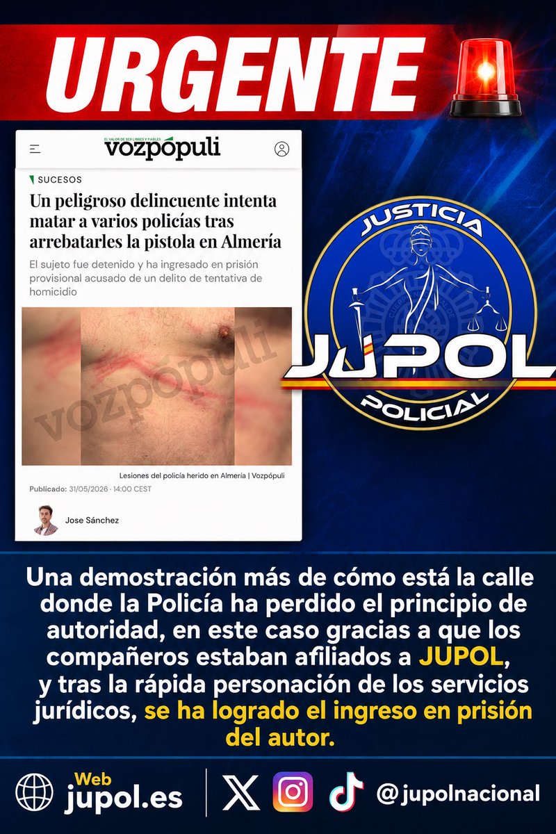 JupolNacional's tweet photo. #Urgente: Un peligroso delincuente intenta matar a varios policías tras arrebatarles la pistola en Almería, vía @voz_populi

Una demostración más de cómo está la calle, donde la Policía ha perdido el principio de autoridad. En este caso, gracias a que los compañeros estaban afiliados a JUPOL y a la rápida intervención de nuestros servicios jurídicos, se ha logrado el ingreso en prisión del autor.

AL POLICÍA NO SE LE TOCA!!!
#NoALaInseguridadCiudadana

Desde JUPOL enviamos TODO NUESTRO APOYO a los COMPAÑEROS intervinientes.
#EnEstaFamiliaNadieLuchaSolo

JUPOL #EquiparacionYa y mucho más.

🌐Noticia: https://t.co/7XuMuLFaR9 @josesanchezrec