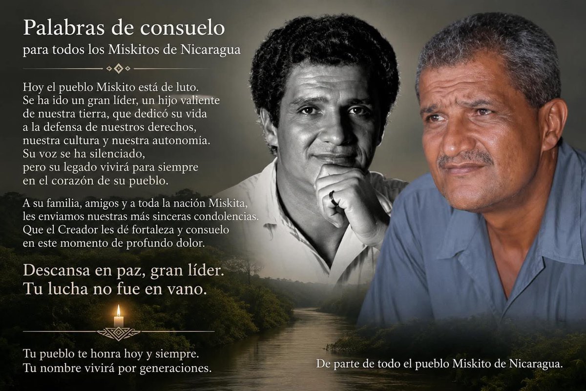 MyCielo9's tweet photo. Hoy la #Moskitia llora la partida de un líder que dedicó su vida a la defensa de su pueblo y sus #derechos. Su legado vivirá por siempre.
La tierra que defendió hoy lo recibe como hijo valiente. Descansa en paz, #BrooklynRivera https://t.co/JpJZNBKO2f