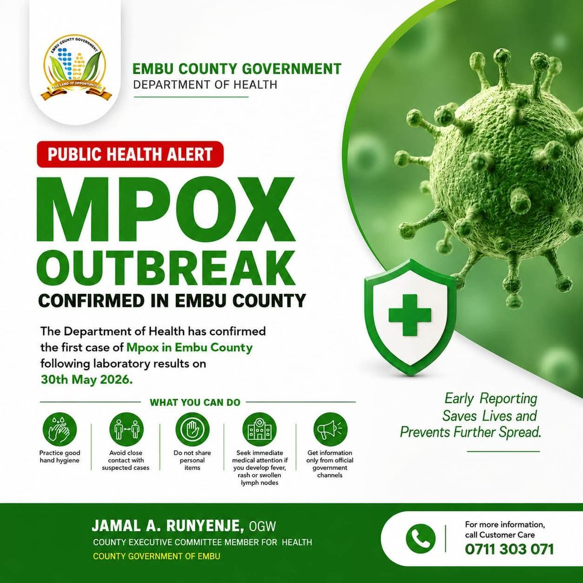 LealGid's tweet photo. Embu county government confirms thee first case of Mpox in Embu https://t.co/xQtqLzEb0o