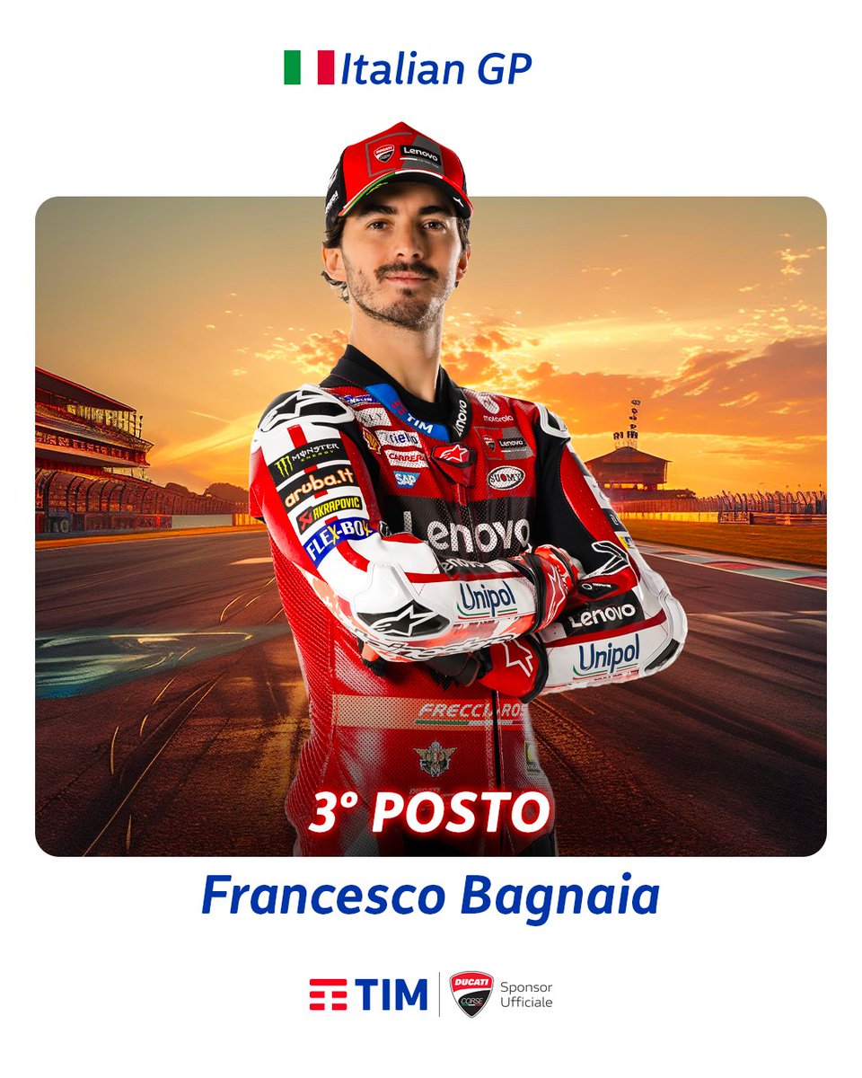 TIM_Official's tweet photo. Emozioni fino all'ultima curva🏍️🔥 @PeccoBagnaia  conquista il terzo posto all' #ItalianGP e chiude un weekend ricco di grinta insieme al #DucatiLenovoTeam.

Sempre #ForzaDucati 💪
#UnaConnessioneAllungaLaVita https://t.co/Tiih78unvA