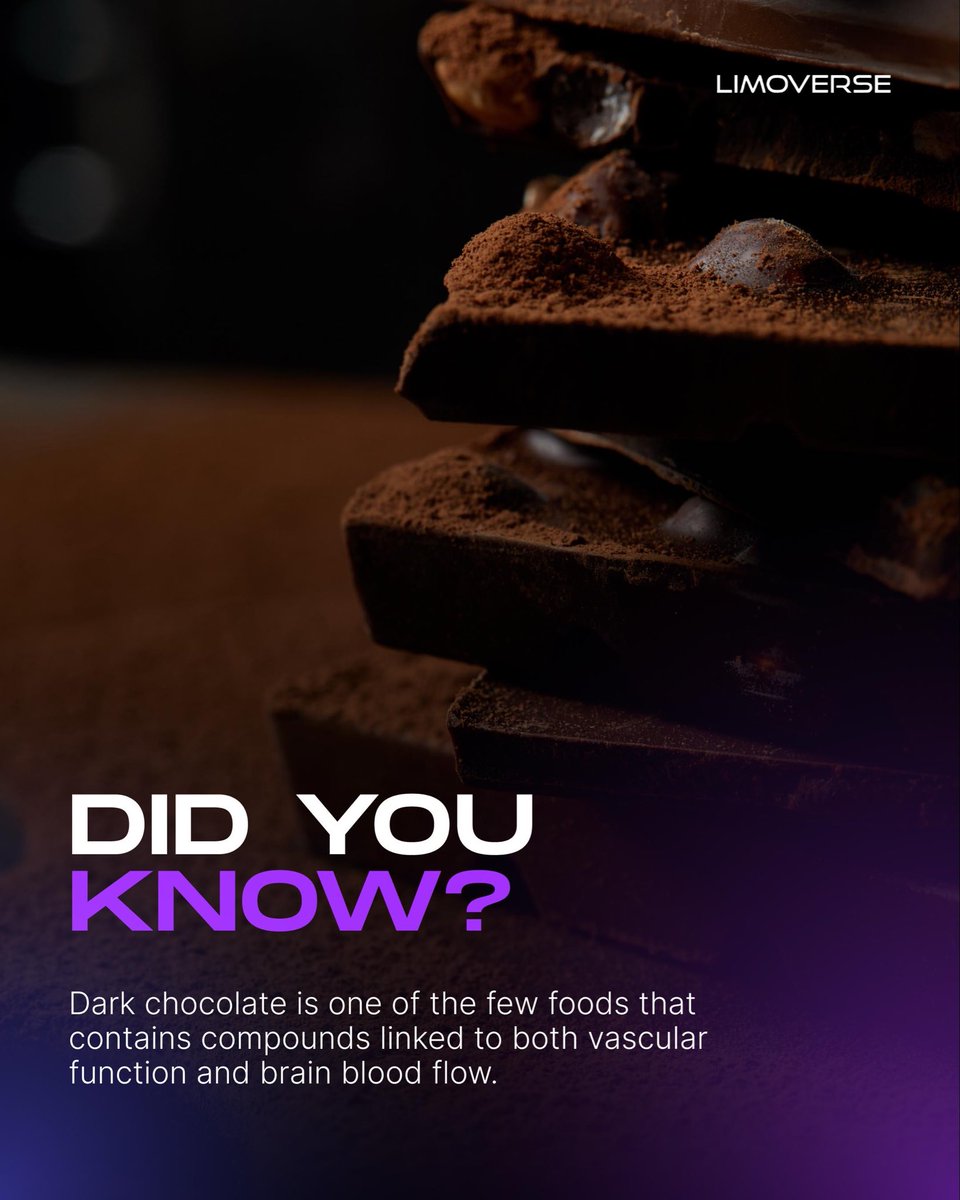 limoverseglobal's tweet photo. Dark chocolate is more than just a treat!

Cocoa contains naturally occurring compounds linked to vascular function and brain blood flow, supporting both circulation and cognitive health.

Sometimes wellness can be found in the simplest foods ✨ https://t.co/vkJvv7jsre