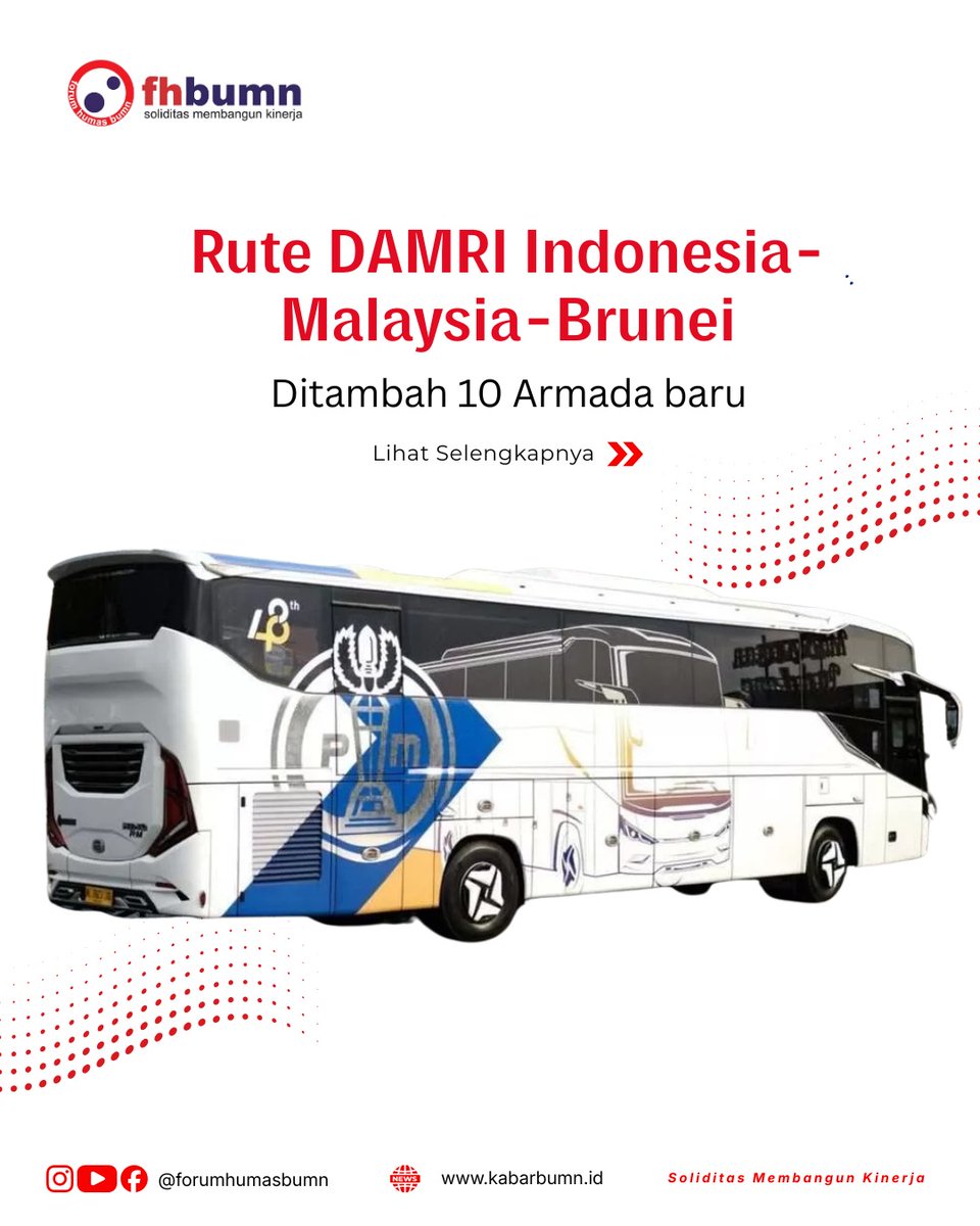 ForHumBUMN's tweet photo. Perum DAMRI terus memperkuat layanan transportasi lintas negara dengan menghadirkan armada baru untuk Angkutan Lintas Batas Negara (ALBN). Sebanyak 10 unit bus terbaru kini disiapkan guna mendukung perjalanan antarnegara di kawasan Asia Tenggara. https://t.co/7YwXPrP81n