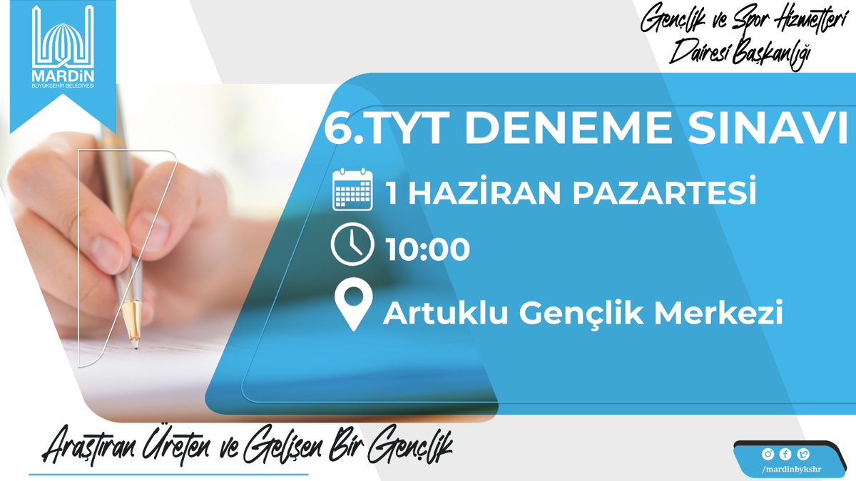 MbbGenclik's tweet photo. Deneme zamanı! ✏️

📅 Tarih: 1 Haziran 2026 Pazartesi 
⏰ Saat: 10.00
📍 Yer: Artuklu Gençlik Merkezi 
📝 TYT 
🎯 Hedefini ölç, stratejini belirle!
Başarıya giden yolda deneme sınavımızda yerini al.

@MbbGenclik https://t.co/mZssgc1MDQ