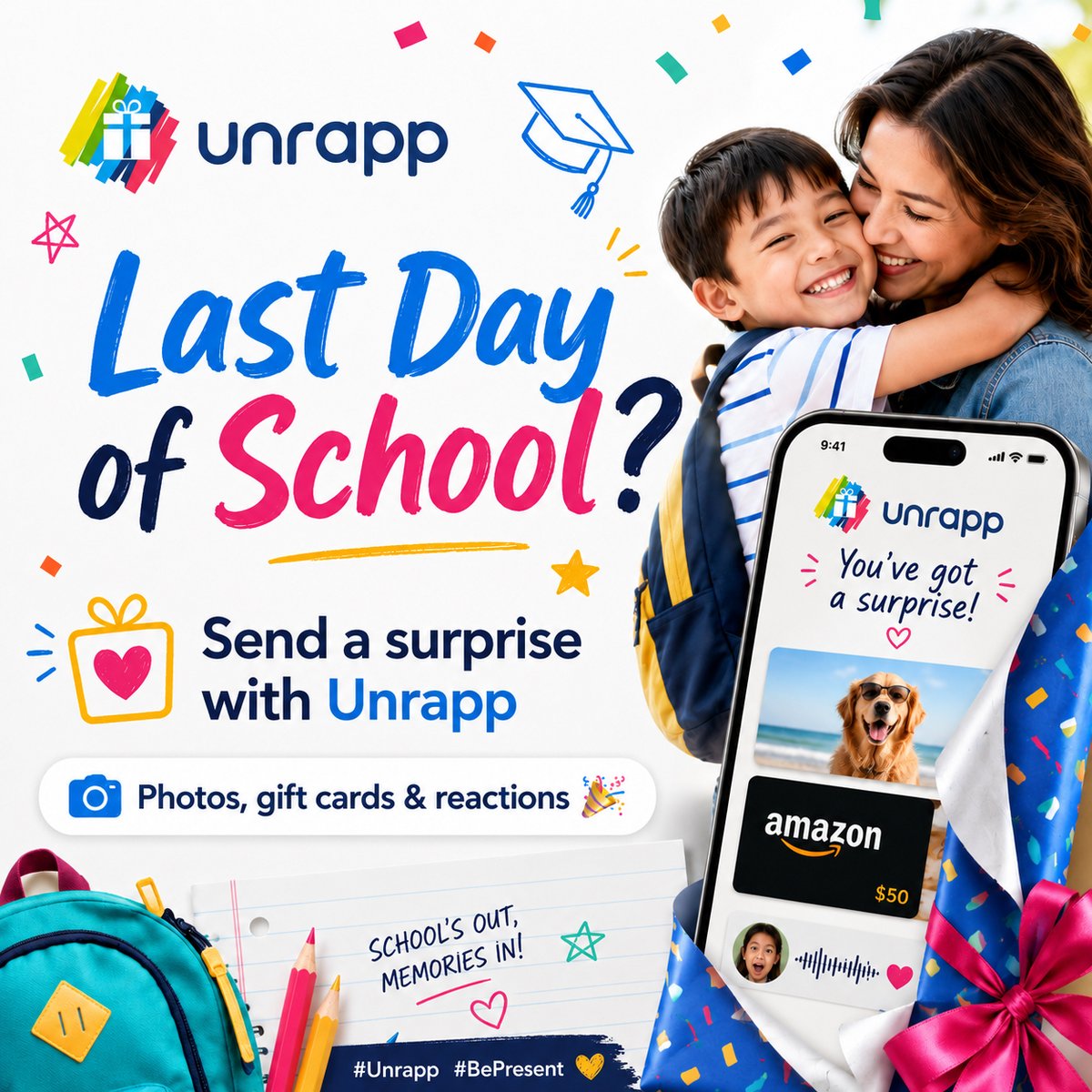 unrappHQ's tweet photo. Last day of school = memories worth saving 🎒☀️

Send a surprise photo, gift card, or sweet message with Unrapp — and capture their reaction when they reveal it! 🎁📸

Because the best gifts aren’t just opened… they’re remembered. 💛

#Unrapp #BePresent https://t.co/uTCQIlbI6c