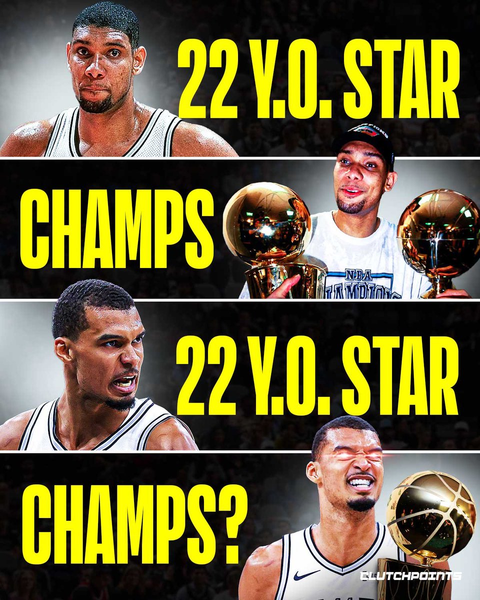 SpursNationCP's tweet photo. In 1999, a 22-year-old Tim Duncan led the Spurs to an NBA championship against the Knicks.

In 2026, a 22-year-old Victor Wembanyama led the Spurs back to the NBA Finals against the Knicks.

Same opponent.
Same age.
Same stage.

Will history repeat itself? https://t.co/El81AyGxS1