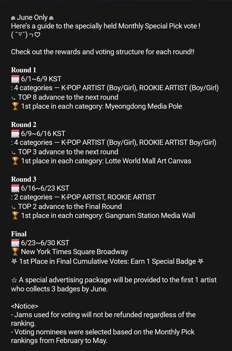 HeeseungUSA's tweet photo. [📢] IMPORTANT ANNOUNCEMENT: We're going for the UPICK June Special Pick! 

Alongside LSHVT, the USA fanbase will also actively pursue the June Special Pick! EVAN is the only one who has a chance to receive the Special Advertisement Package (3 badges), and we don't want to miss that opportunity to promote him and his music.

The Special Pick is different from the regular monthly picks. This time there will be four rounds. 

The winner for each round will earn ads in major domestic landmarks. And the winner of the final round will get an ad in NYC's Broadway! If we can win that for Evan, it'll help with promoting him globally!! 

We hope every single Heeseung fan will participate and try to collect and vote with as many jams as possible.

Let's fight hard and win all for EVAN/ Heeseung!! ❤️‍🔥

#EVAN #HEESEUNG 
#에반 #희승 #李羲承 #ヒスン