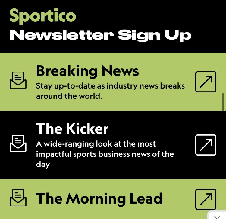 kbadenhausen's tweet photo. A few people asked me this week about where to register for @Sportico newsletters. Can find signup for AM/PM ones and/or breaking news alerts at link 👇. All free!

https://t.co/rb3XDzi9YW https://t.co/sfWLiEwaIh