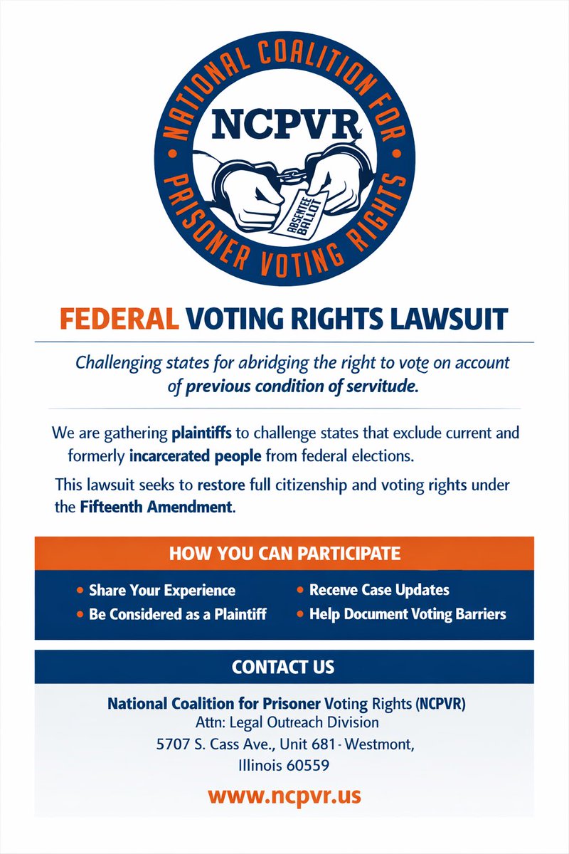 hoodcandidate's tweet photo. Millions of Americans are shut out of voting—not because they aren’t citizens, but because of past incarceration.
We’re working to change that. https://t.co/DgLEj9t94c