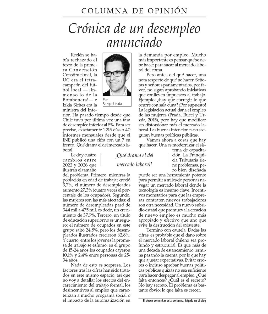 ClapesUC's tweet photo. [COLUMNA @__elmercurio] "Crónica de un desempleo anunciado"

Nuestro investigador internacional @surzua_chile analizó el deterioro del #mercadolaboral chileno, advirtiendo que el desempleo lleva más de tres años por sobre el 8% y que mujeres y jóvenes han sido los grupos más afectados. 

Además, destacó la necesidad de impulsar políticas que fomenten la capacitación, la contratación y la creación de nuevos puestos de trabajo.

Columna completa👇
