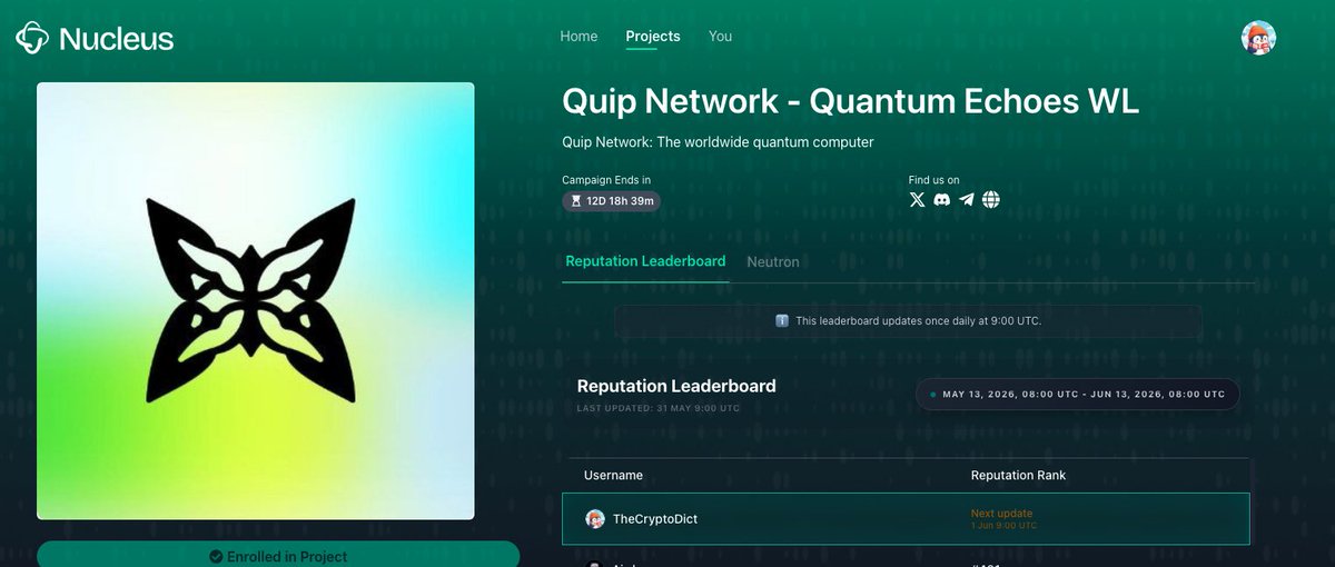 TheCryptoDict's tweet photo. 12 Days left in @quipnetwork NFT (Quantum Echoes) WL campaign on @NucleusCodes 

100 WL spots 
20 spots raffle

enroll now https://t.co/pPlaX8ogSi https://t.co/BI0P2K89Io