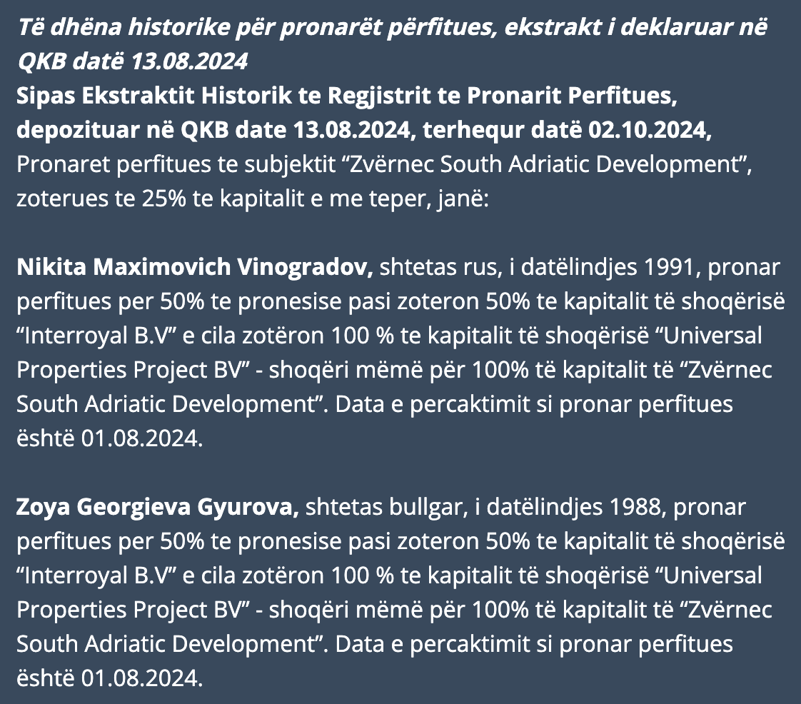 Alb_Patriot's tweet photo. Investitorët e vërtetë në Zvërnec;

Shtetas rus e bullgar me kompani offshore të themeluar vetëm 2 vite më parë në Hollandë. Pa përvojë fare në të tilla projekte.

Emrat Ivanka e Kushner janë përdorur për të mbuluar vjedhjen.

@SPAK_Albania hetoni 🇦🇱

#Albaniaisnotforsale https://t.co/zT6dJWfWy4