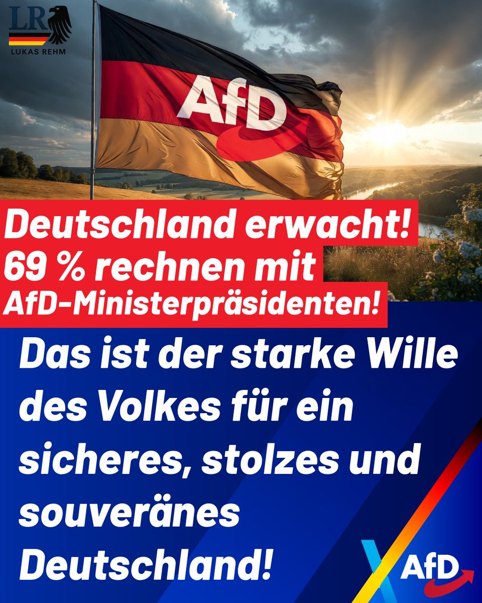 AfDRehm's tweet photo. 69 Prozent der Deutschen rechnen damit, dass die AfD nach den Landtagswahlen im Herbst in mindestens einem Bundesland den Ministerpräsidenten stellt. Das ist kein Zufall – das ist der Aufschrei des Volkes!
Die Altparteien haben Deutschland an die Wand gefahren: offene Grenzen, Masseneinwanderung, Energiechaos, explodierende Kriminalität und eine Politik, die unser Land verrät und nur noch für globale Eliten gemacht wird. Das deutsche Volk hat genug von diesem Wahnsinn!
Wir von der AfD kämpfen seit Jahren mit aller Kraft für ein starkes, sicheres und souveränes Deutschland. Für Heimat, Identität, innere Sicherheit und eine Wirtschaft, die endlich wieder den eigenen Bürgern dient – nicht irgendwelchen Ideologen.
Die Brandmauer der Etablierten bröckelt, weil sie gegen den Willen des Volkes gebaut wurde. Ihre Panik, ihre Verbotsfantasien und ihre Hetze zeigen nur eines: Sie spüren, dass ihre Zeit vorbei ist.
Der Wandel ist unaufhaltsam. Wir sind bereit, Verantwortung zu übernehmen – für ein Deutschland, in dem wieder das Volk regiert und nicht die Altparteien-Clique.
Deutschland erwacht! Jetzt erst recht!
Für unser Vaterland! 

https://t.co/k5oXA7hefI