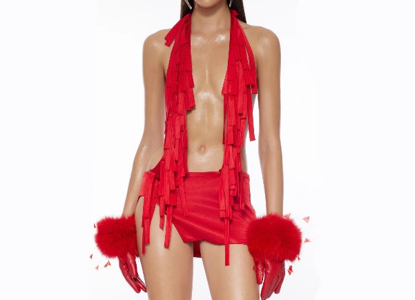 meretarchives's tweet photo. manon wearing fanci club firecracker halterneck mini dress &amp; ostrich lace up boot heels for “not bad” (2026) https://t.co/A9lXQ45V3C