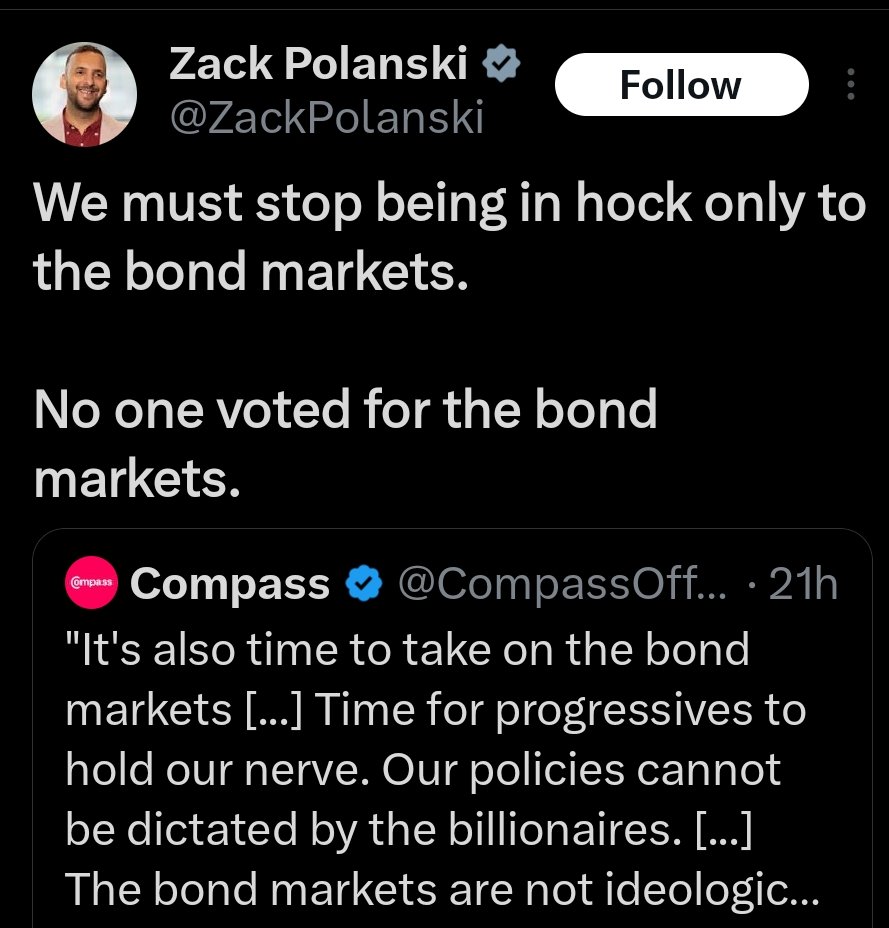 LeoKearse's tweet photo. Zack Polanski is going to stop borrowing from the bond market. He's either going to fund spending only from taxation (meaning huge cuts) or he's going to print money instead. We'll be Zimbabwe with shit weather and Pride parades. https://t.co/uT608UsibZ