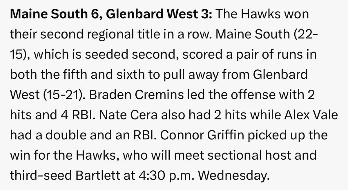 MaineSouthBases's tweet photo. Thanks for the writeup @dhpreps @Quags57 

@BraedenCremins4 @ConnorG0924 
@nate_cera @Alexvale23 

#MSHSbaseball🦅 #IHSAplayoffs2026🏆 https://t.co/sADZ3Rftmz