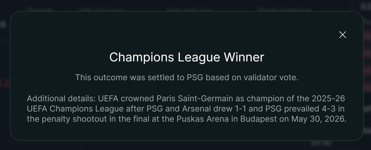 HyperliquidNews's tweet photo. While some users are once again complaining about Polymarket after the Paris Saint-Germain FC vs Arsenal FC market was resolved as a draw on @Polymarket because it only counted the 90 minutes of regular time.

The Outcome market on Hyperliquid was correctly resolved as a PSG win since it took the entire match into account.