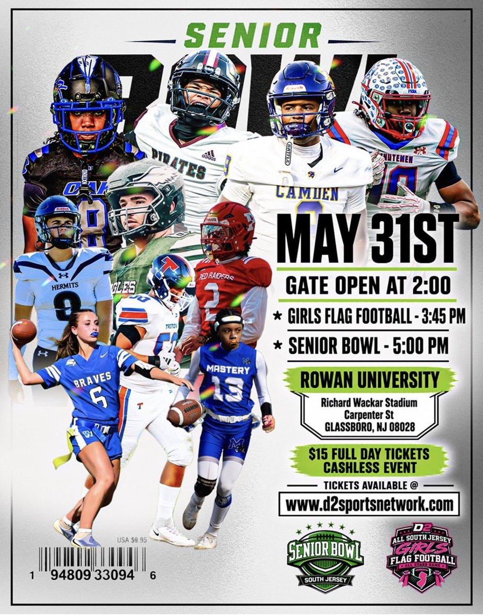 D2_Athletics's tweet photo. TODAY IS THE DAY 🏈🏃‍♀️
The D2 Sports Network All South Jersey Girls Flag Football All-Star Game & Senior Bowl takes over Rowan University today!
This marks the FIRST South Jersey High School All-Star Football Game since 2018. A historic day for South Jersey football and girls flag football. 💯
📍 Richard Wackar Stadium 🚪 Gates Open: 2:00 PM 🏃‍♀️ Girls Flag Football All-Star Game: 3:45 PM 🏈 South Jersey Senior Bowl: 5:00 PM
Come watch some of the BEST talent in South Jersey compete under the lights. 🔥
We also would like to extend an open invitation to all media outlets, photographers, videographers, reporters, and content creators to come out and support these student-athletes while helping showcase the talent and passion that South Jersey football is built on.