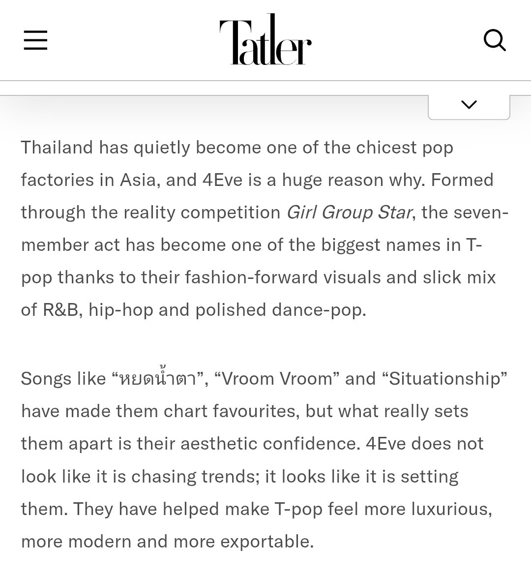 CarpeDiemZH09's tweet photo. เว็บไซต์ Tatler Asia มาแนะนำ 10 วง SeaPop( Southeast Asian Pop) ที่น่าฟัง 
1 ในนั้นมี 4EVE ด้วย🤩

"ประเทศไทยได้กลายเป็นหนึ่งในแหล่งผลิตศิลปินป๊อปสุด���ก๋ที่สุดในเอเชียอย่างเงียบๆ และ 4EVE ก็เป็นเหตุผลสำคัญอย่างยิ่ง วงนี้ก่อตั้งขึ้นจากรายการประกวดร้องเพลงเรียลลิตี้ Girl Group Star วงที่มีสมาชิก 7 คนนี้ได้กลายเป็นหนึ่งในชื่อที่โด่งดังที่สุดในวงการ T-pop ด้วยภาพลักษณ์ที่ทันสมัยและสไตล์ดนตรีที่ผสมผสาน R&B ฮิปฮอป และแดนซ์ป๊อปได้อย่างลงตัว

เพลงอย่าง “หยดน้ำตา”, “Vroom Vroom” และ “Situationship” ทำให้พวกเธอเป็นที่ชื่นชอบในชาร์ตเพลง แต่สิ่งท���่ทำให้พวกเธอโดดเด่นอย่างแท้จริงคือความมั่นใจในสไตล์ของตัวเอง 4EVE ไม่ได้ดูเหมือนกำลังวิ่งตามกระแส แต่ดูเหมือนกำลังสร้างกระแสเอง พวกเธอช่วยทำให้เพลง T-pop ดูหรูหรา ทันสมัย ​​และส่งออกได้มากขึ้น"

https://t.co/8Apfr3C0Va