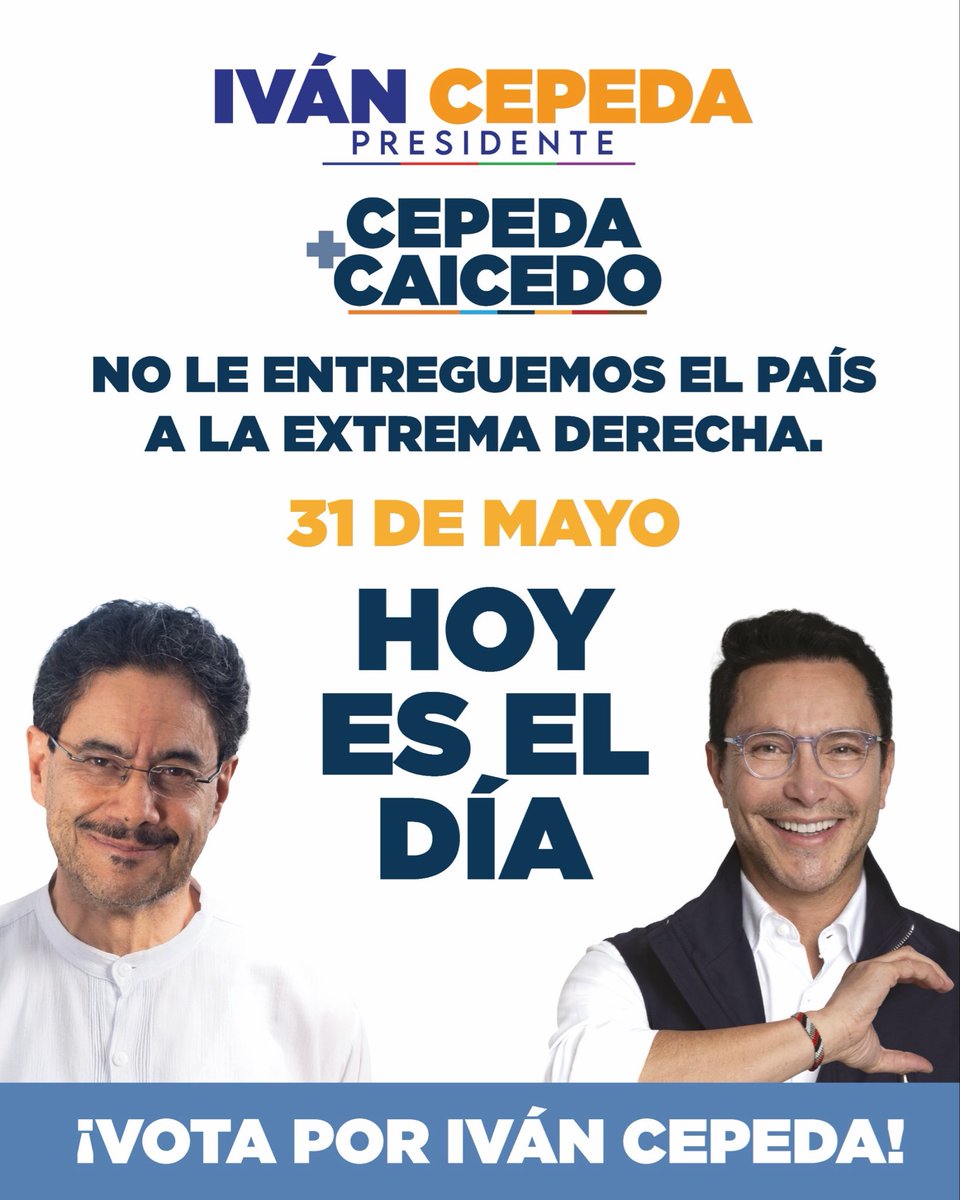 carlosecaicedo's tweet photo. Hoy habla el pueblo. Hoy decide Colombia.

Cada voto cuenta. Sal temprano, lleva a tu familia, invita a tus vecinos y hagamos sentir la fuerza de millones que queremos un mejor país.

Vota @IvanCepedaCast Presidente y ganemos en primera vuelta. https://t.co/WYxLHT04W9
