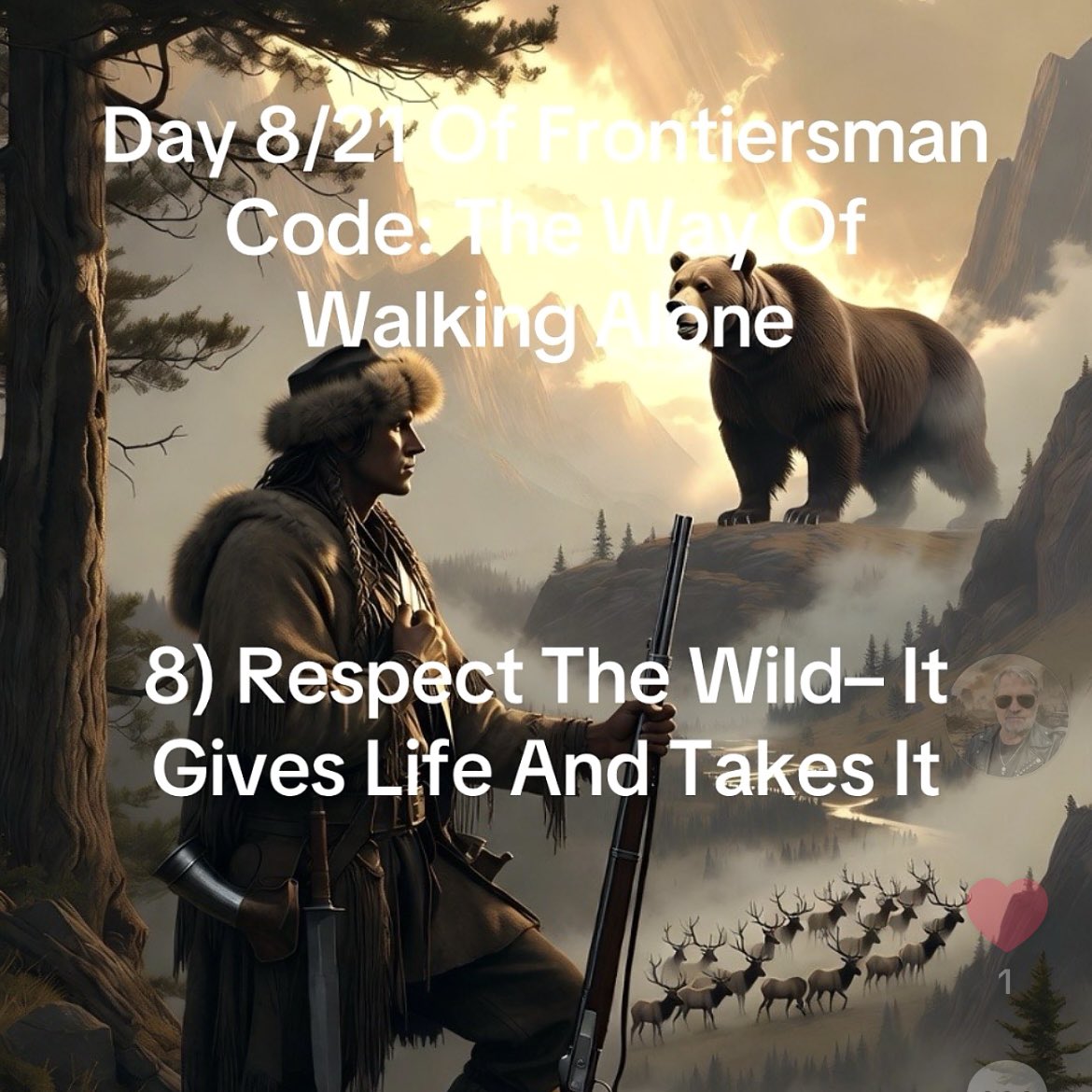 Supernaut99's tweet photo. Day 8/21 Of Frontiersman Code: The Way Of Walking Alone

8) Respect The Wild– It Gives Life And Takes It

#InnerStrength #TheWayOfWalkingAlone #FrontiersmanCode #HonorAndCourage #MasculineGrit https://t.co/zl34TljRfs