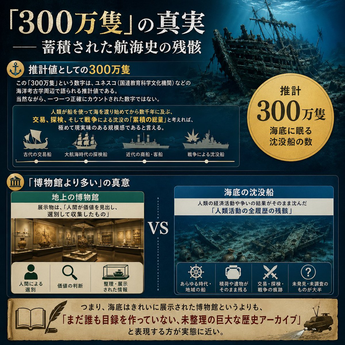 NEWSOFFX's tweet photo. 【世界中の博物館の展示物をすべて足しても、海に沈んでいる遺物の数には敵わないって知っていますか？】

人類が海を渡り始めて数千年。海底に眠る沈没船の数は、なんと推計【300万隻】！
さらに驚くべきは、大航海時代や古代ローマの木造船が「腐らずにそのままの姿」で発見されている事実です。
なぜ塩水の中で朽ち果てないのか？その秘密は、深海だけが持つ奇跡の条件にありました！

◆ユネスコも推計！海底に眠る「300万隻」の未整理アーカイブ
◆低温・無光・低酸素…深海が作り出す奇跡の「真空パック効果」
◆黒海で発見！2400年前の古代ギリシャ船が原型を留める科学的理由

私たちが知っている歴史は、海の上に浮かび上がった氷山の一角に過ぎない。
冷たい海の底で目覚めの時を待つ「未開封の歴史倉庫」の扉を開く、極上のサイエンス・ミステリー！