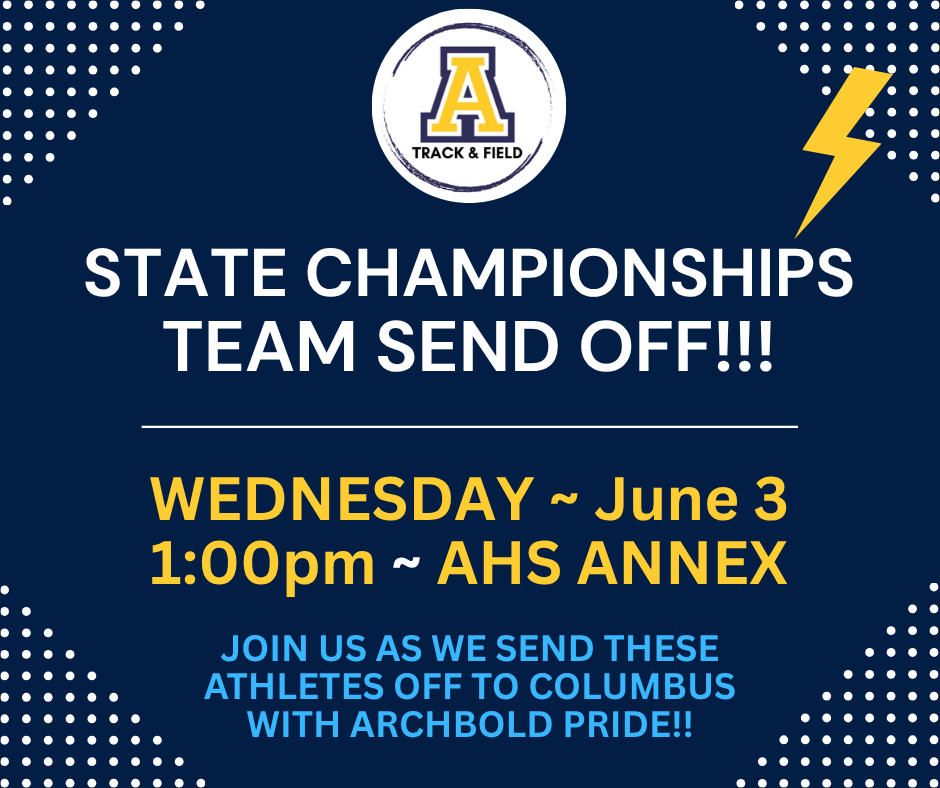 ArchboldTFXC's tweet photo. STATE T &amp; F TEAM SEND OFF!! 🎉

Join us 
📆Wednesday, June 1
⏰1pm
📍AHS Annex https://t.co/oyndT68jCx