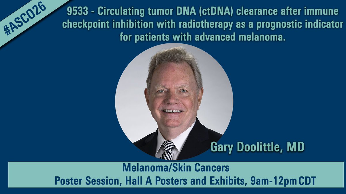 KUcancercenter's tweet photo. Also in this morning’s poster sessions, melanoma research involving Dr. Gary Doolittle is on display in Hall A at board 249. See “Circulating tumor DNA (ctDNA) clearance after immune checkpoint inhibition (ICI) with radiotherapy (RT) as a prognostic indicator for patients with advanced melanoma” from 9am-12pm.