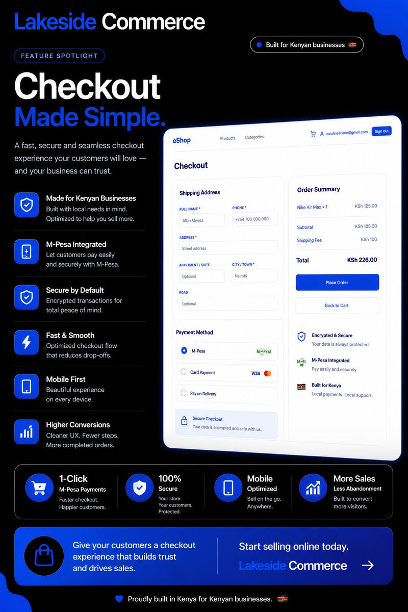 _lakesidetech's tweet photo. ✅ Complete orders with fewer steps

Designed to reduce friction and help businesses sell more online.

Built for Kenya. Built for growth 💙

#LakesideCommerce #EcommerceKE #Mpesa #KenyaTech #BuiltForKenya https://t.co/V3COUXflU8