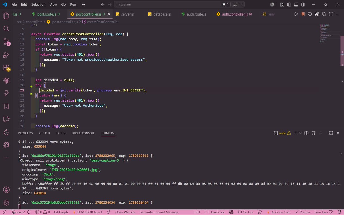 chinu_codes's tweet photo. 🚀 Backend Class #16 - @ankurdotio 
• Verified user token using JWT &amp; handled unauthorized access 🔐
• Stored post data in MongoDB for specific users 🗄️
• Organized storage with ImageKit folder structure ☁️ #BackendDevelopment #JWT #MongoDB #100DaysOfCode #CodingJourney https://t.co/lawHHOuXpN